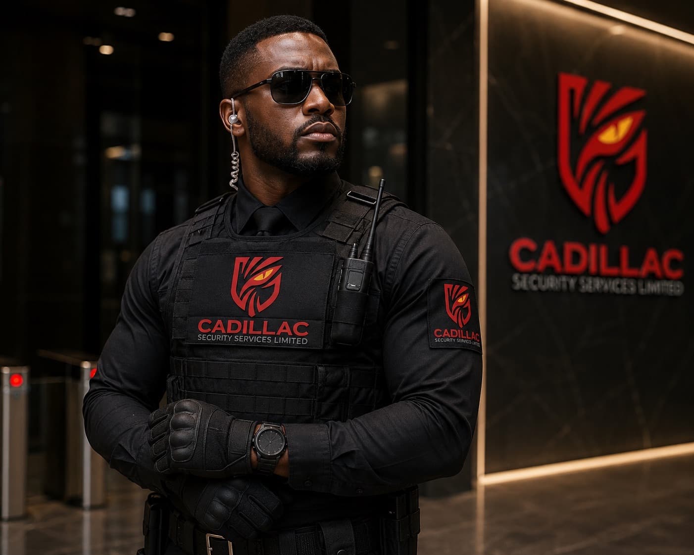 Cadillac Security officer in tactical uniform at a corporate lobby
